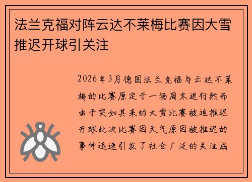 法兰克福对阵云达不莱梅比赛因大雪推迟开球引关注 法兰克福对阵云达不莱梅比赛因大雪推迟开球引关注